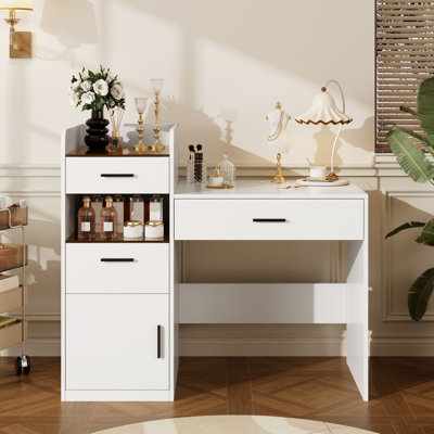 Bureau de coiffeuse 3-en-1 avec miroir rabattable et plateau en verre
