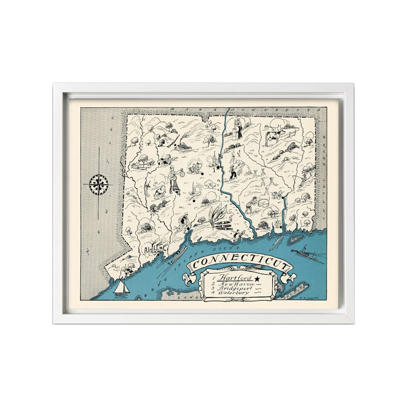 Carte illustrée du Connecticut, Canevas, H 24 po x l 32 po, Encadrement blanc