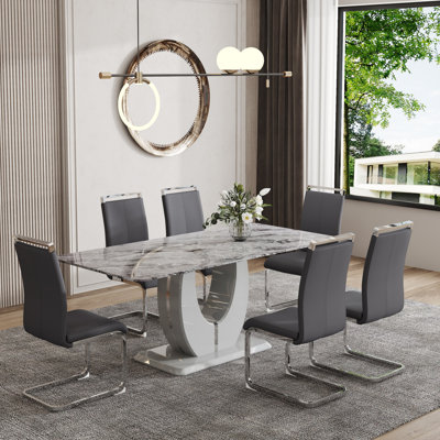 Ensemble de table de salle à manger 71 po, plateau moderne en verre trempé avec chaises en cuir synthétique