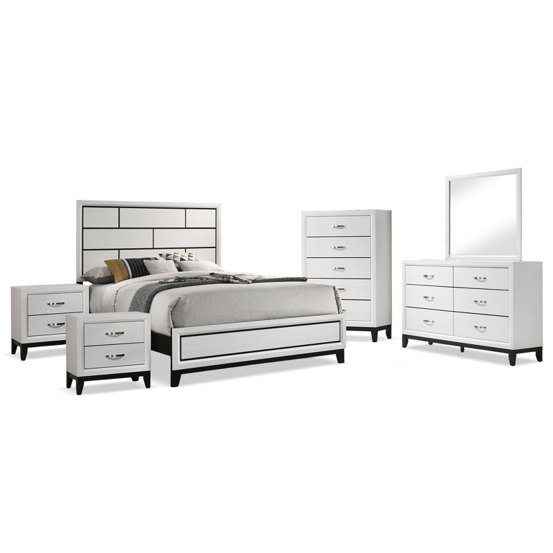 Ensemble de chambre Ferris Beeson, Noir / blanc, 6 Pcs: Bed,2Nightstands,Dresser,Mirror,Chest, Très grand lit