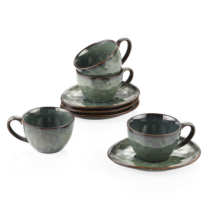 Stoneware Cappuccino Cup and Saucer, Forest Green