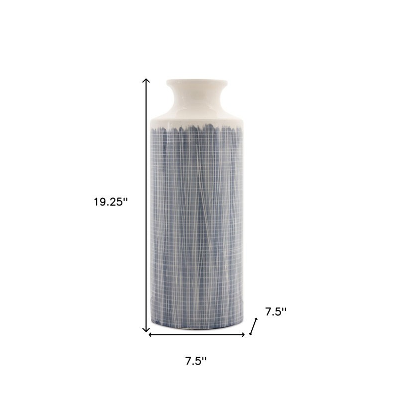Vase de plancher en terre cuite à motif géométrique bleu et blanc