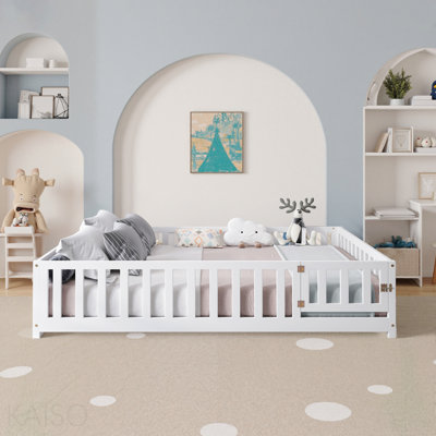 Lit plateforme double avec clôture et porte pour enfants, cadre de lit Montessori avec lattes de soutien pour tout-petits, lit en bois blanc