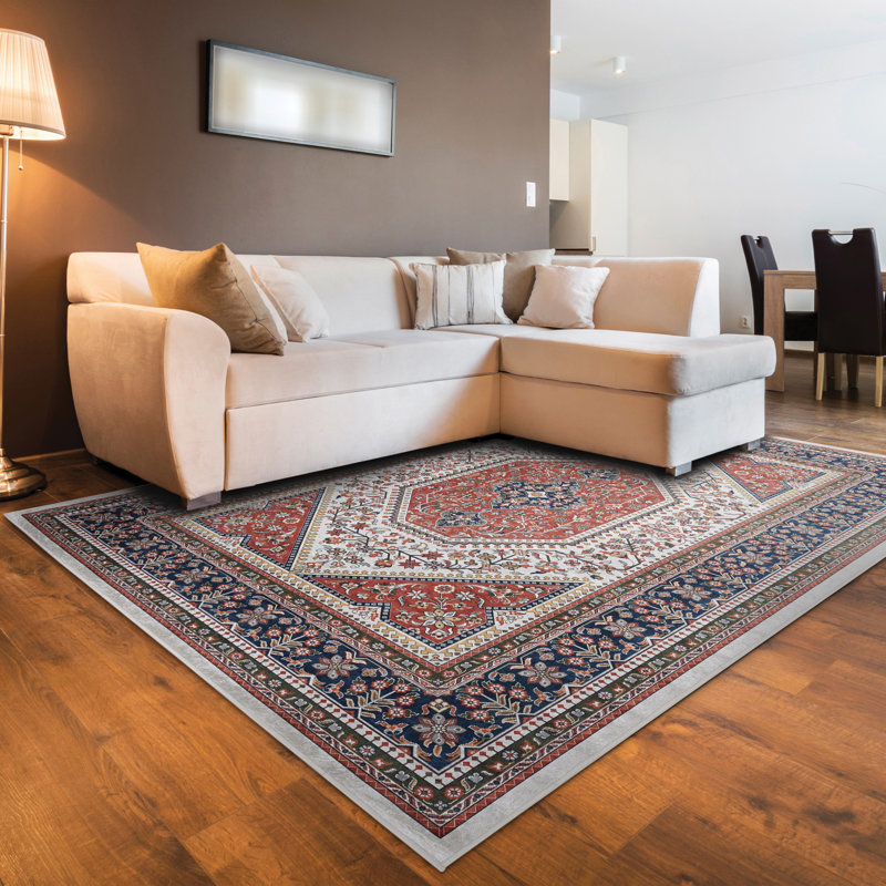 Emanuel Traditional Machine Woven Flatweave Red and Navy Area Rug with Non Skid Backing , Rectangle 6'7" x 9'7"
