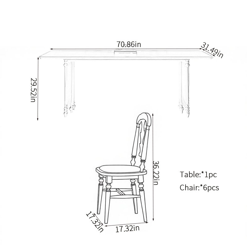 Ensemble de table de salle à manger moderne et élégant, 7 pièces : table, 6 chaises, H 29,52 po x l 70,86 po x P 31,49 po