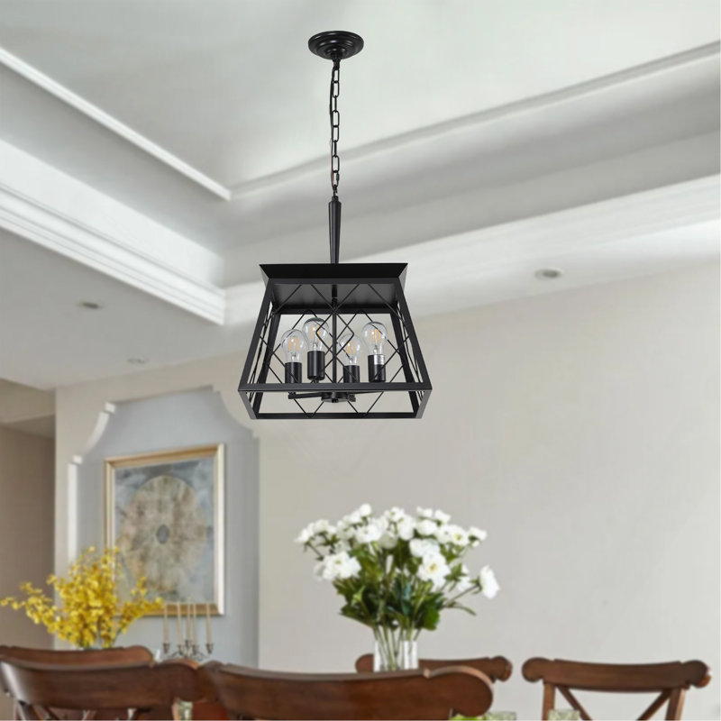 16" Industrial 4-Light Pendant Chandelier, Modern Metal Cage Design, Adjustable Hanging Light For Dining Room, Black