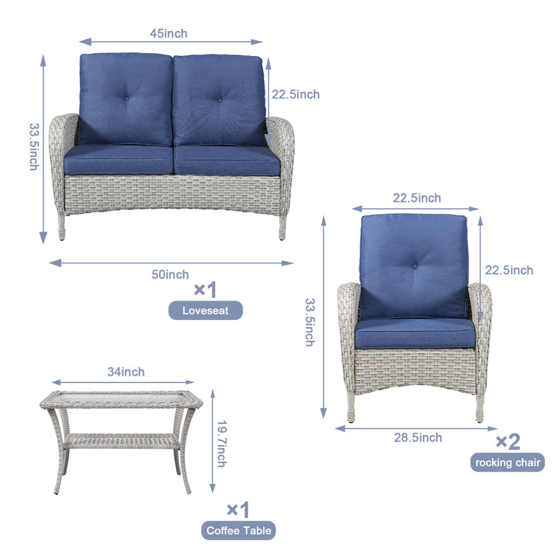 Aluel Wicker 4 - Person Patio Conversation Set with Cushions, Light Gray/Blue
