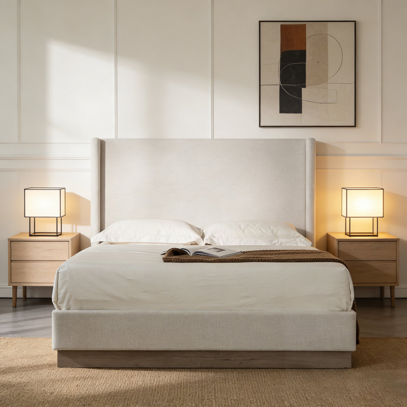 Lit à oreilles tapissier avec tête de lit haute Hosford, design minimaliste, charme rustique, aucun sommier tapissier, toile ivoire texturée, sommeil silencieux