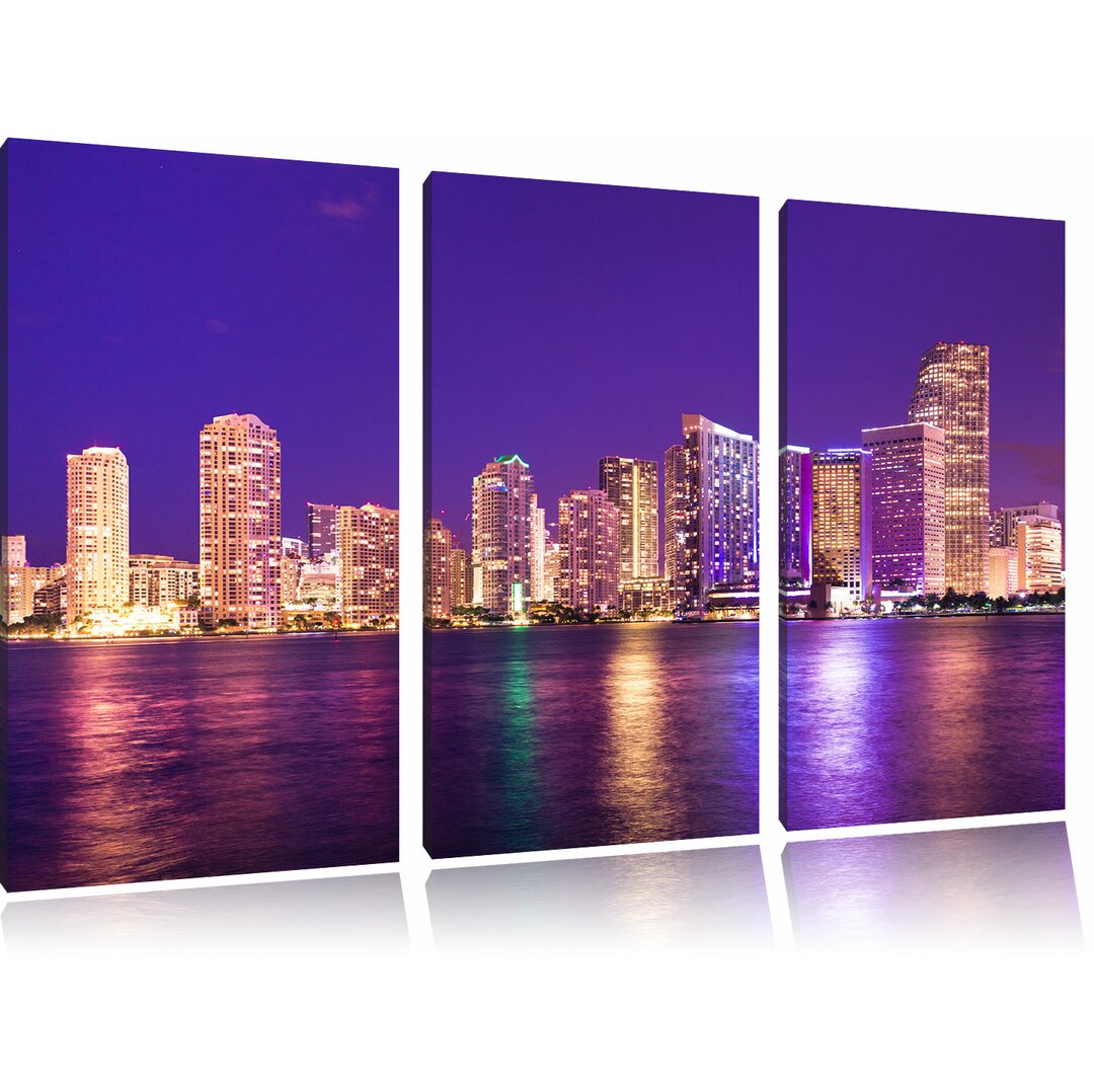 3-tlg. Leinwandbilder-Set Schöne Nacht-Szene Skyline von Miami Florida, Fotodruck