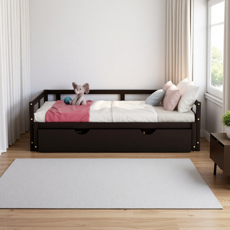 Lit de jour extensible avec couchette, lit de jour en bois avec couchette, Espresso