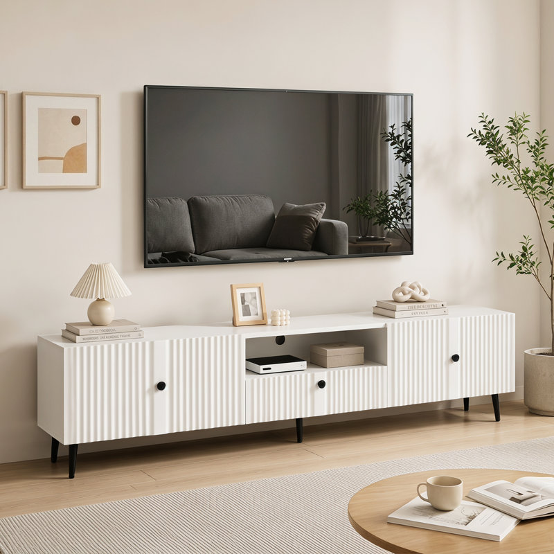 Meuble télé cannelé moderne pour téléviseurs jusqu'à 80 pouces, centre multimédia avec placards et tablette ouverte, console multimédia blanche pour salon