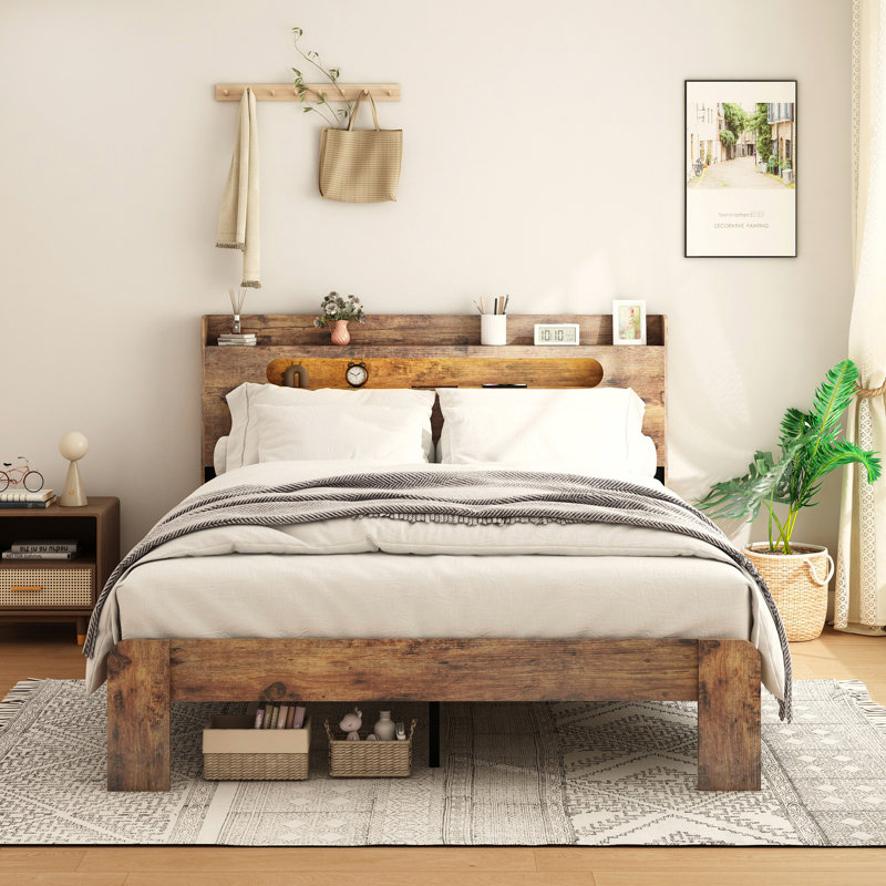 Très grande base de lit plateforme en bois avec tête de lit à DEL avec rangement, 2 fonctions silencieuses, pas de sommier tapissier, installation rapide, grand espace avec lumières, performance silencieuse, facile