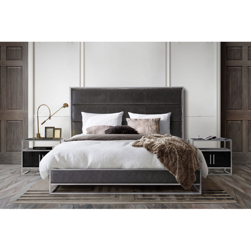 Empire Queen Bed In Weathered Grey PU With Hand Brushed Silver Metal Frame, Queen, Gray