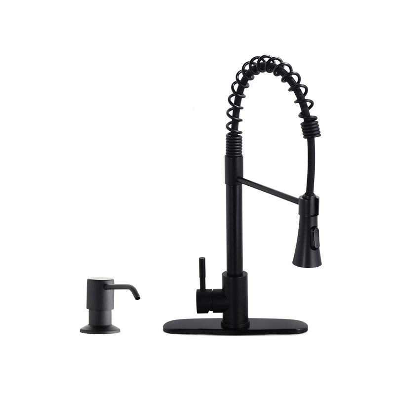 Robinet de cuisine monocommande à ressort avec pulvérisateur et distributeur de savon, Noir mat