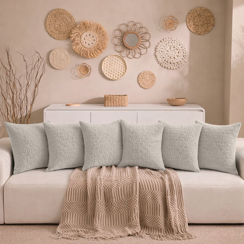 Aspire Homeware Geometric Square Velvet Cushion Covers, Beige, Pack of 6