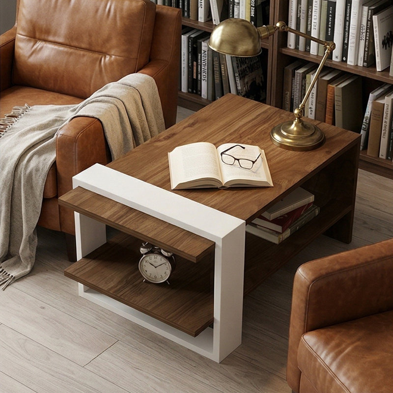 Aelwen 31" Modern 2-Tier Coffee Table with Geometric Frame, Medium Wood/White