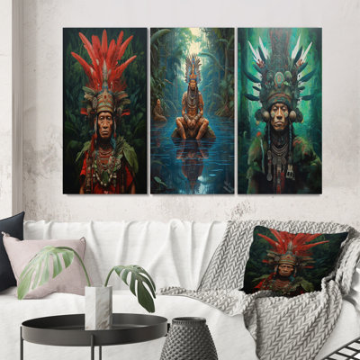 " Indigenous Shaman Amazon Feather Headdress " 3 Piece Art Set