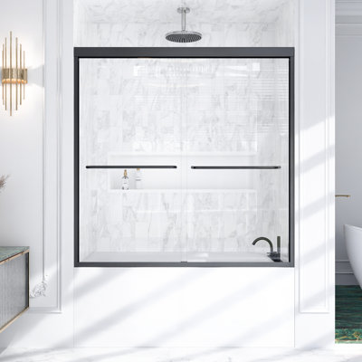 60" H Semi- Double Sliding Bypass Shower Door, 1/4"  6Mm  Thick Tempered Glass, Matte Black, Door For Easy Installation, Aluminum Frame, Stainless Steel Rollers Effortless Opening And Closing,