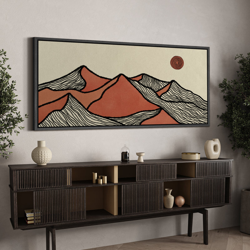 Sun And Moon " Stylized Mountain Peaks Red Sun Landscape Rustic Retro Art Decor Extra Large Artwork Pictures ", 30" H x 60" W