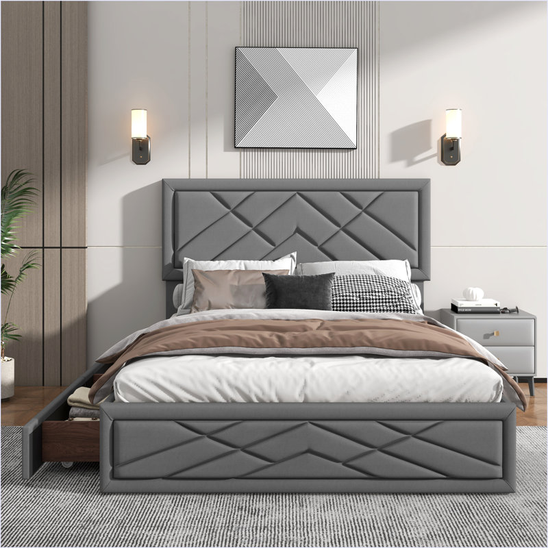 Structure de grand lit avec tête de lit et rangement, Beige