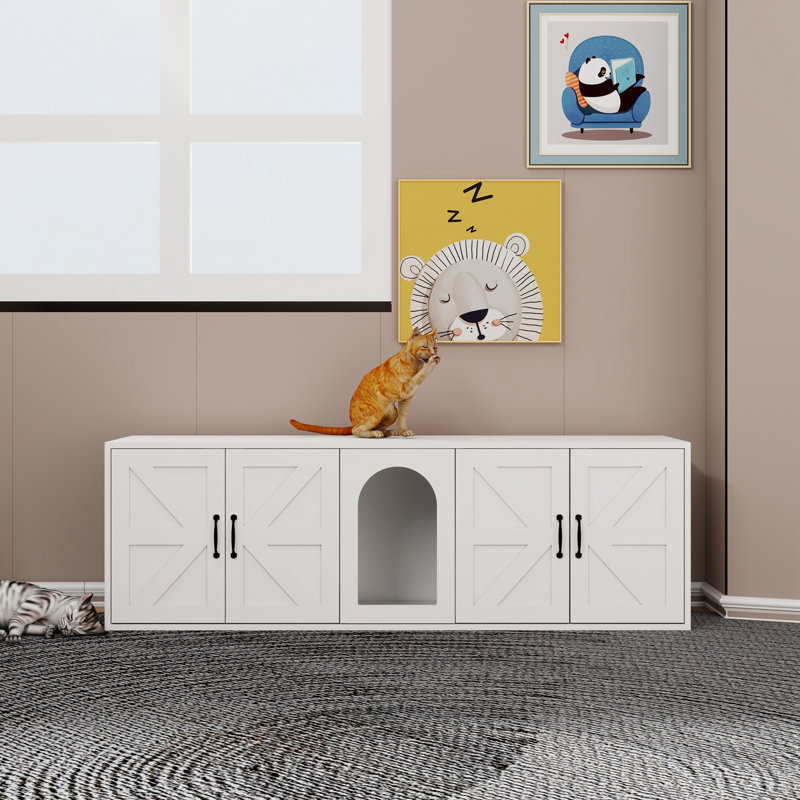 Cat Litter Box Enclosure with Double Room and four doors