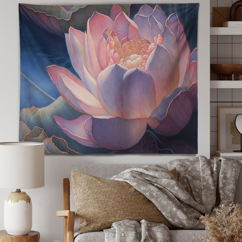 Tapisserie murale florale avec motif de lotus rose rétro I, H 50 po x l 60 po