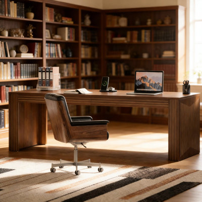 Bureau élégant de 200 cm de long, fini bois brun, plateau spacieux, stable même sur les surfaces irrégulières, montage facile. Design minimaliste moderne. Dimensions et structure à assembler.