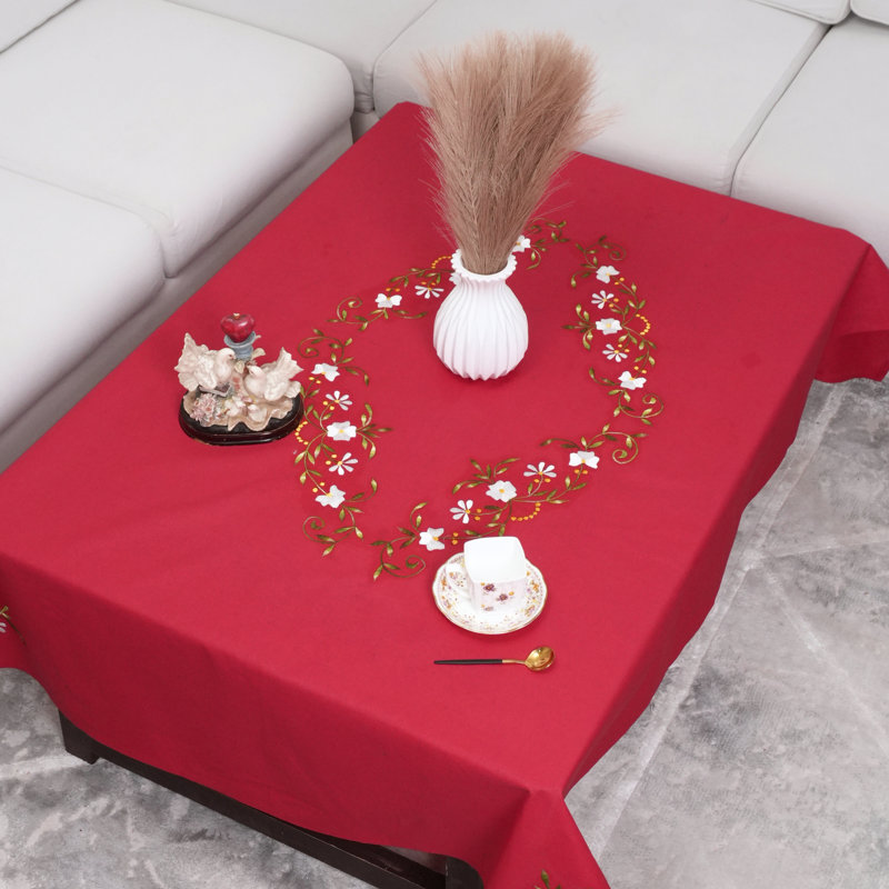 Housse de table rouge en coton épais brodée à la main - Nappe florale multicolore pour table de salle à manger et décoration intérieure élégante