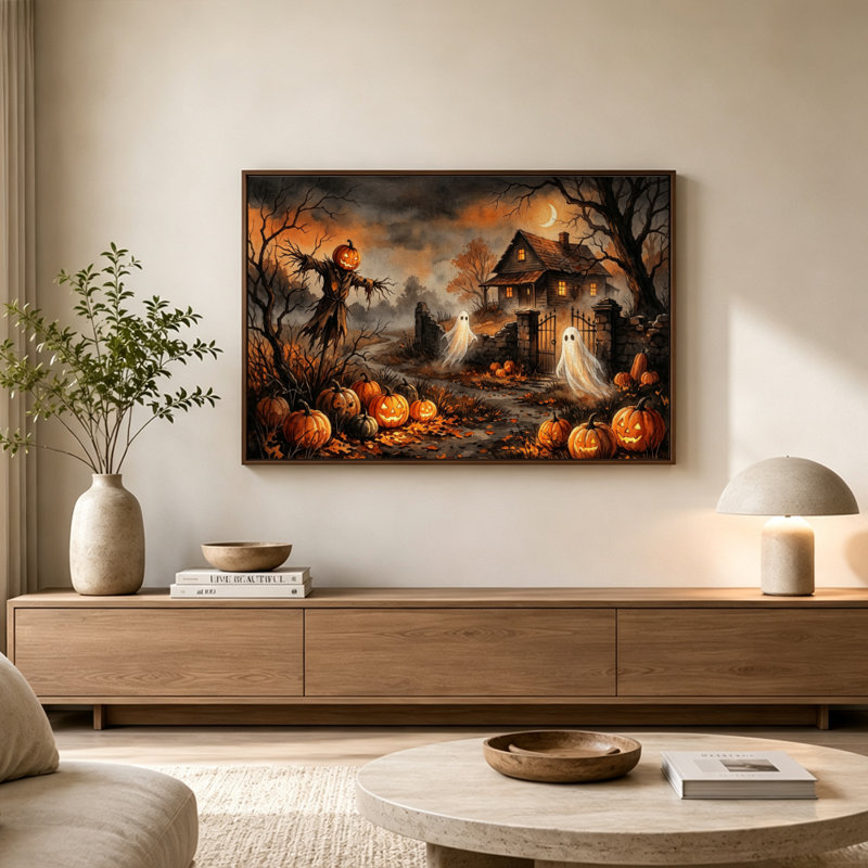 Tableau sur toile avec cadre flottant, représentant des fantômes et des têtes de citrouilles pour l'Halloween, idéal pour accrocher.