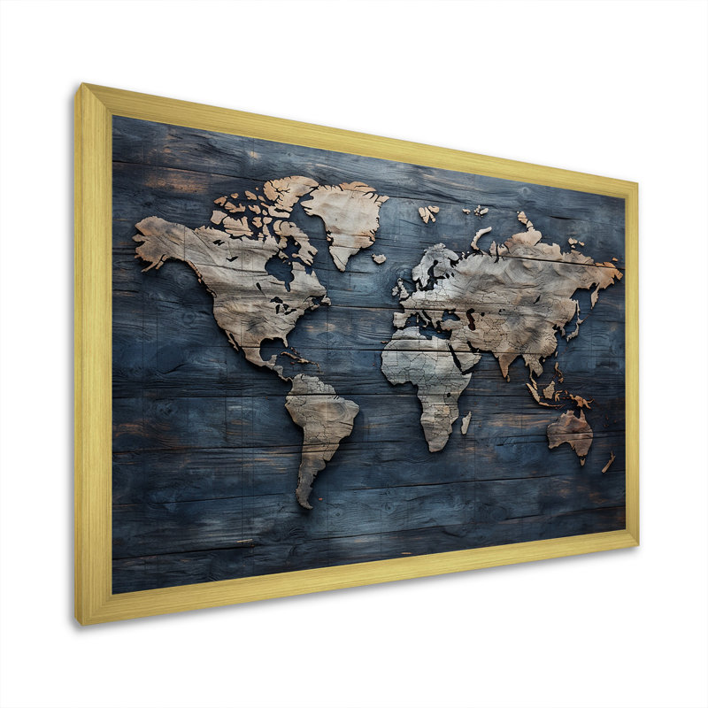 Carte du monde rustique, H 34 po x l 44 po x P 1,5 po, Cadre doré simple