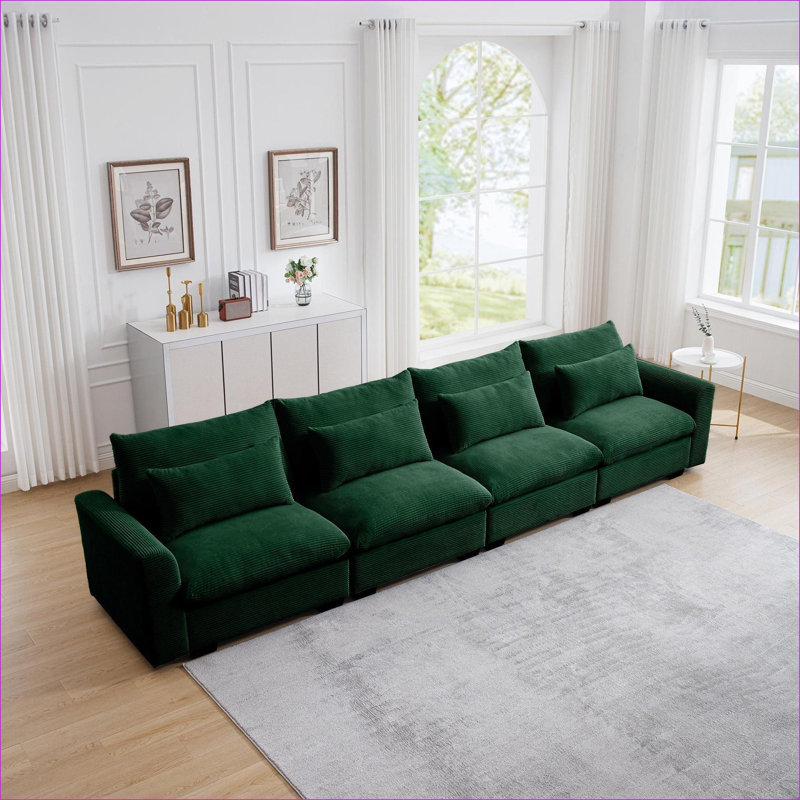 Canapés-lits, siège profond 4 places moderne, pour salon, chambre à coucher, avec 4 coussins décoratifs | Vert sauge | Velours côtelé