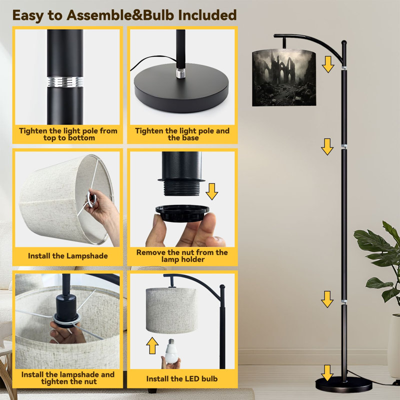 Arc Floor Lamp Ruins Gothic Church Misty Landscape Floor Lamps with Remote LED Lights Adjustable Lamp Shades Tall Standing Lamps for Reading Office Living Room