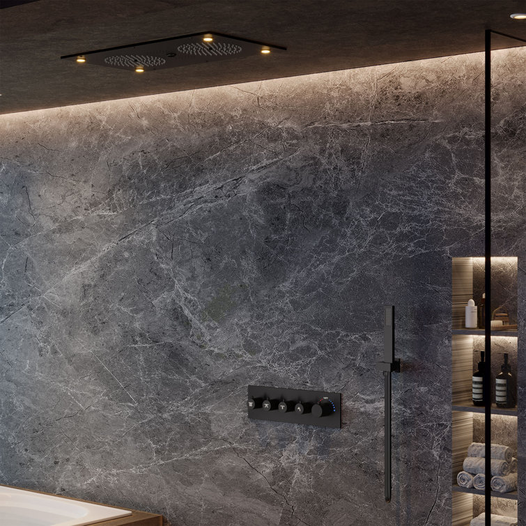Camino 28"X15" 4-Function Flush Mounted Thermostatic Shower System with LED Light and Bluetooth Music