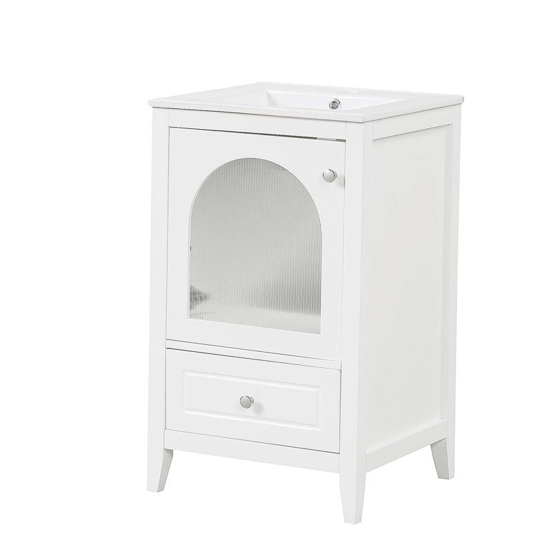 Lavabo de salle de bain de 20 pouces avec bol, armoire de salle de bain avec porte en verre à fermeture en douceur, un tiroir