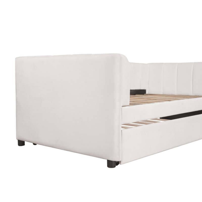 Twin Size Upholstered Daybed With Ergonomic Design Backrest And Trundle, Beige
