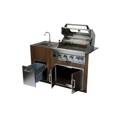 Built - In 32'' Bbq Grill 60000 Four Cast Stainless Steel Burners, Infrared Rear Burner, 8Mm Cooking Grids, Double Door, Drawer, Sink With Faucet, , Lights, Grease Tray, Easy Access, Pull Out Waste
