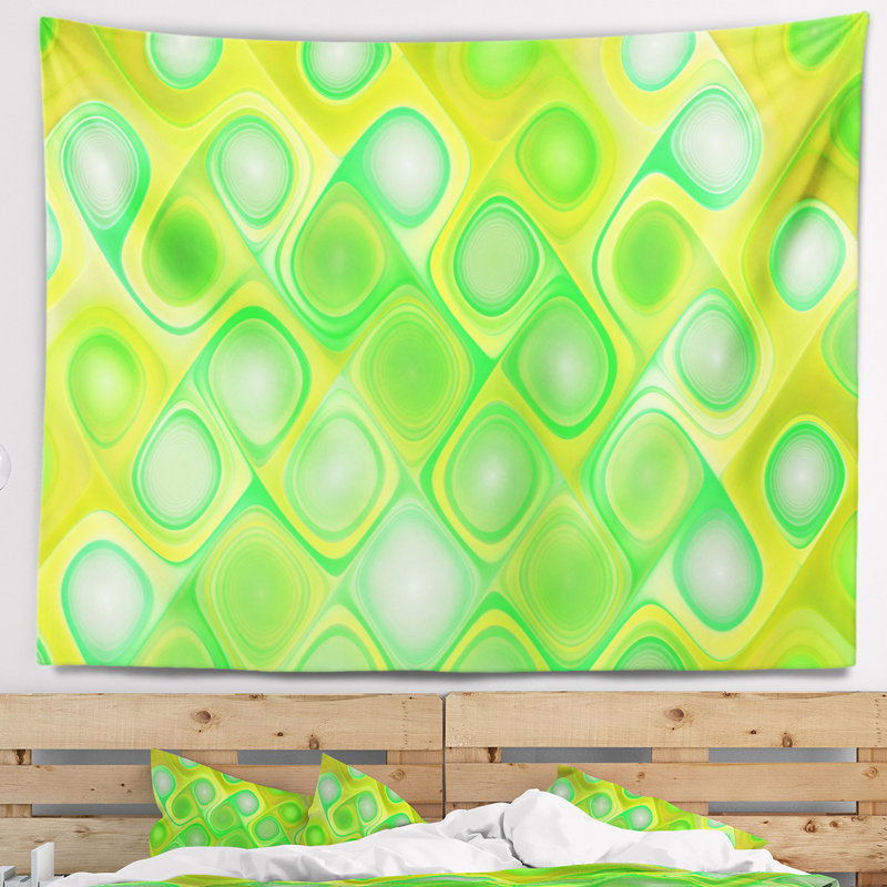Tapisserie abstraite à motif fractal vert avec tourbillons, H 78 po x l 92 po