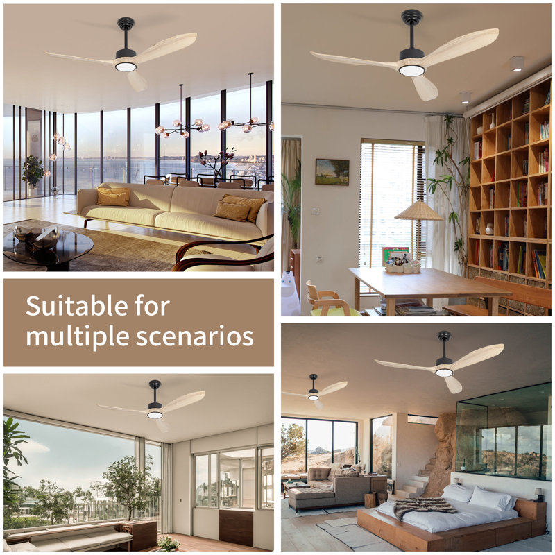 52 Inch Wood Ceiling Fan With Light And Remote, Noiseless Dc Motor, 6 Speed Levels, Led Dimmable, Natural Wood Blade