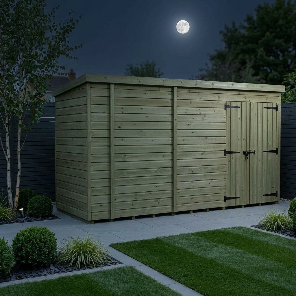 Total Sheds 14ft x 4ft Pent Garden Shed - Double Door - No Windows - Pressure Treated Timber - UK Manufactured