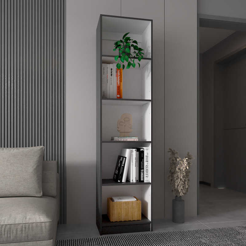 Bibliothèque mince à 5 tablettes Zachary gris mat et blanc, parfaite pour les espaces modernes et les solutions de rangement efficaces