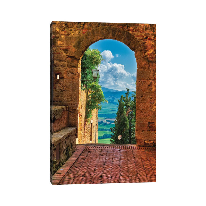 Arch With The View Of The Tuscan Countryside, Pienza, Tuscany, Italy by George Oze - Wrapped Canvas Print