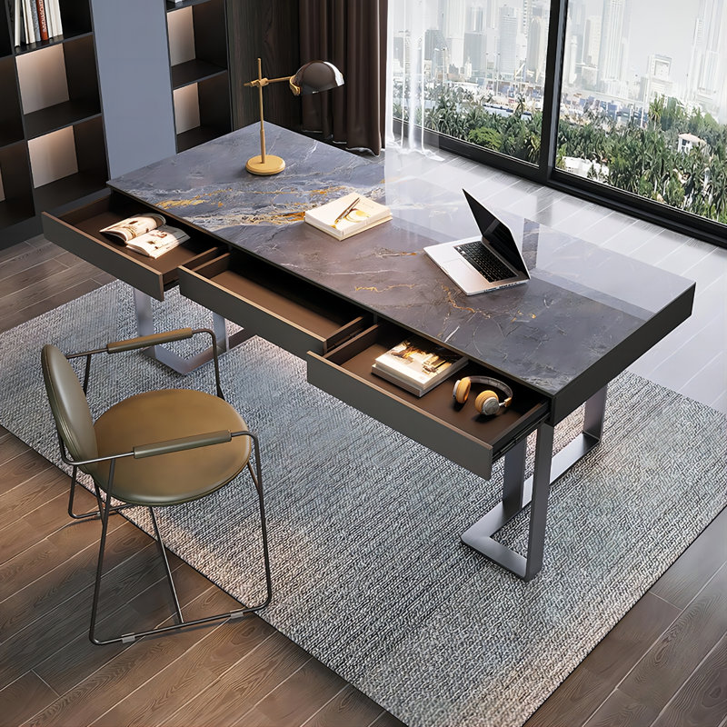 Bureau d'écriture rectangulaire en pierre frittée 70,87 ", 3 tiroirs, H 29,76 po x l 70,87 po x P 31,5 po