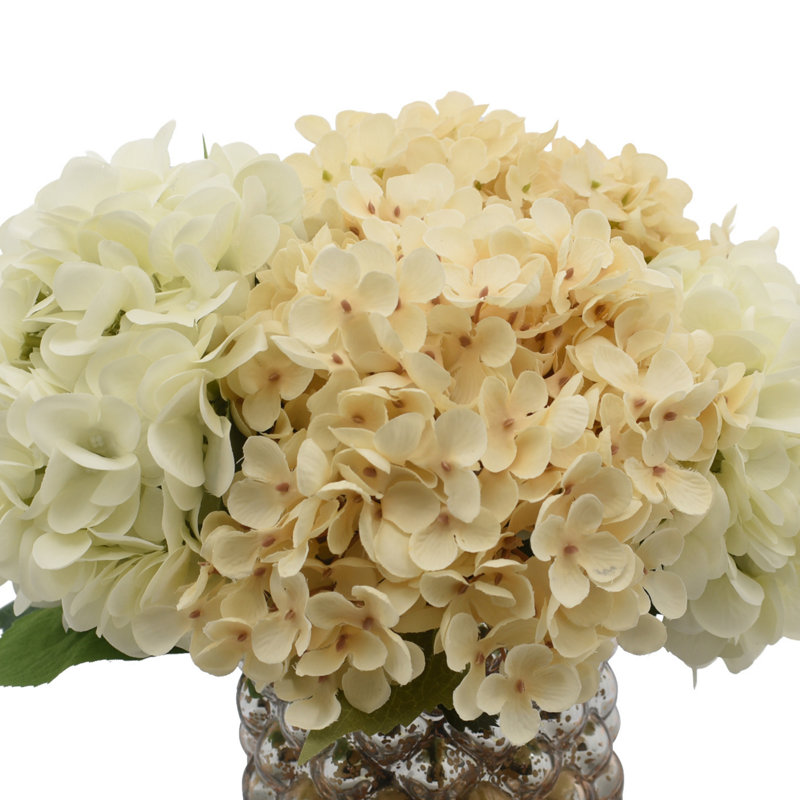 Mixed Hydrangeas In Mercury Glass Vase, Cream/White