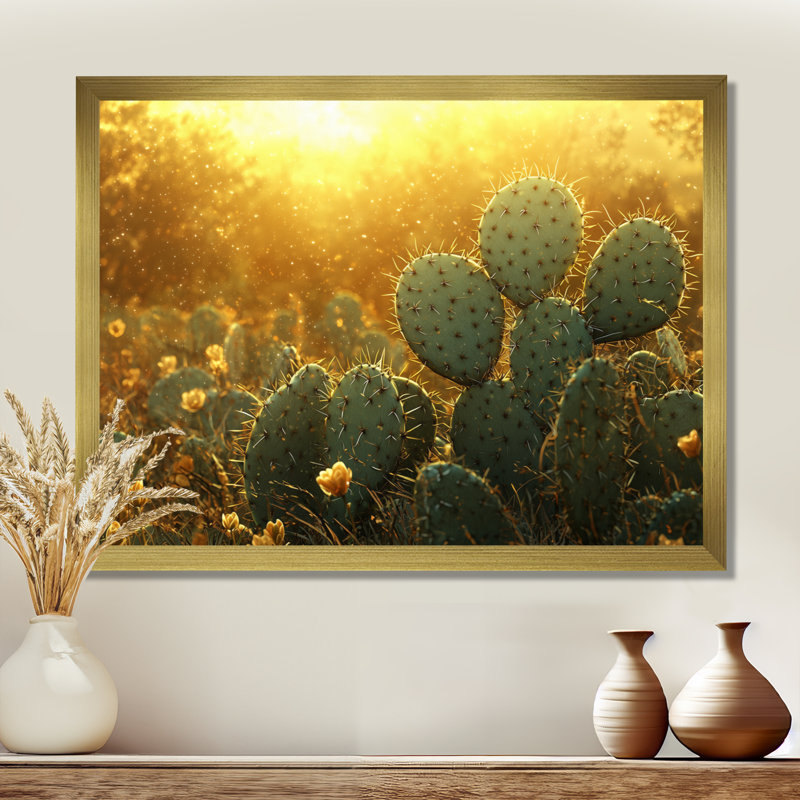 Marisca cactus dans la lumière dorée I - art mural cactus, 16" H x 32" W, Cadre simple, Doré