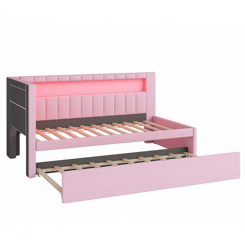 Lit plateforme tapissier simple avec ports USB et ceinture à DEL, avec lit gigogne, Rose