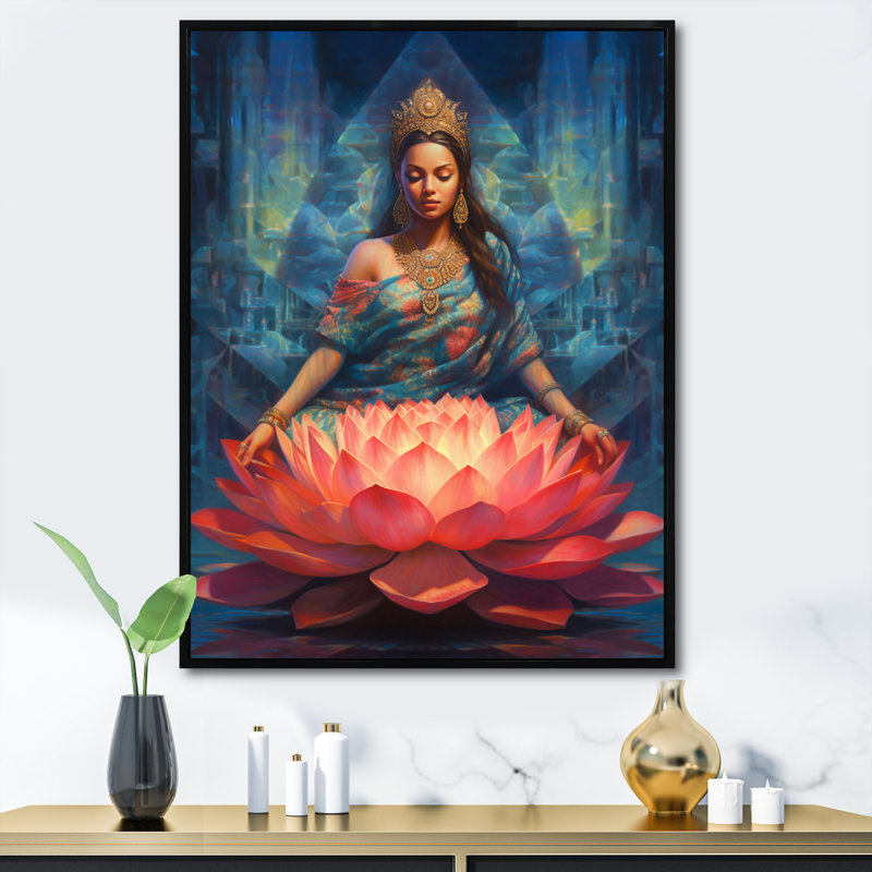 Bleu, bleu, yoga, lotus, femme, H 32 po x l 16 po, Cadre flottant noir