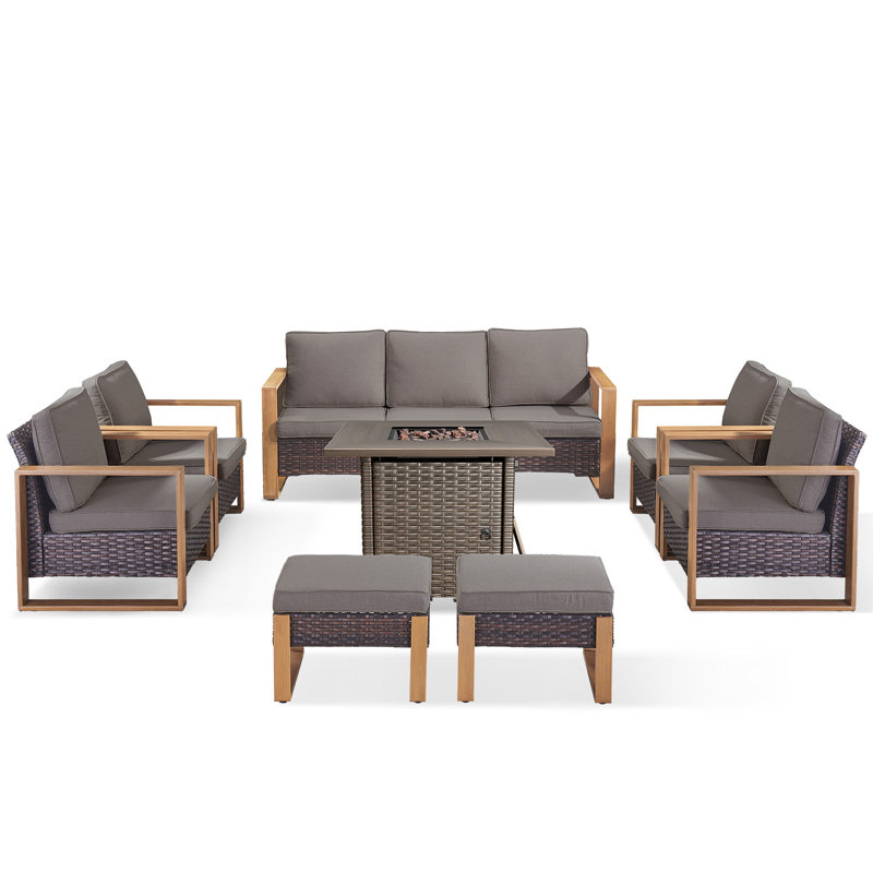 Ensemble de conversation d'extérieur carré en osier 8 pièces avec 4 fauteuils et 2 repose-pieds Palomares, Gris, Brun