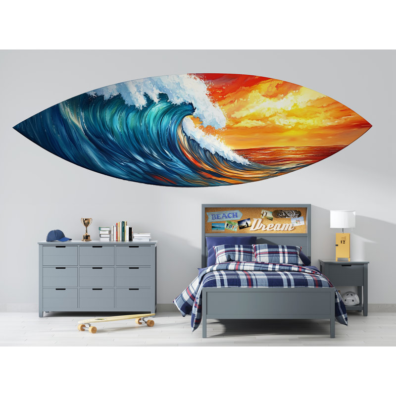 Vague océanique, art en forme de planche de surf, décor coucher de soleil mer 443Mv, H 13 po x l 24 po