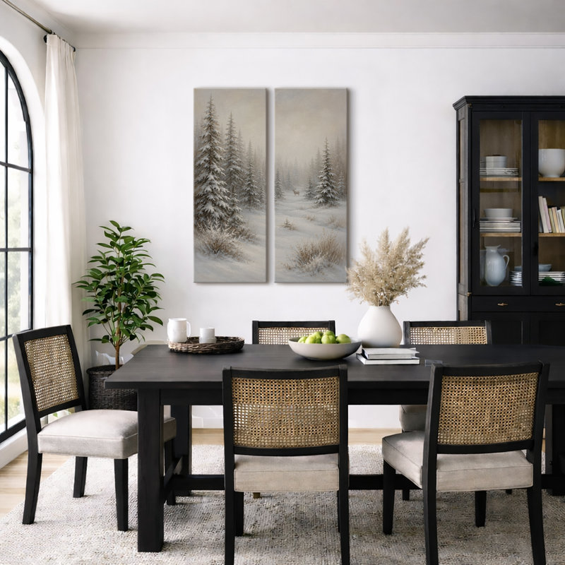 «Snowy Evergreen Forest Landscape with Deer and Misty Winter Scenery», art mural pour salon, chambre à coucher, chalet, bureau, entrée, couloir - ensemble de 2 reproductions d'art encadrées sur toile 32 po x 12 po x 2