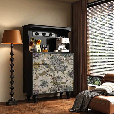 35.43"Vintage Floral & Bird Print Ash Wood Sideboard, Modern Minimalist Solid Wood Coffee Bar Cabinet
